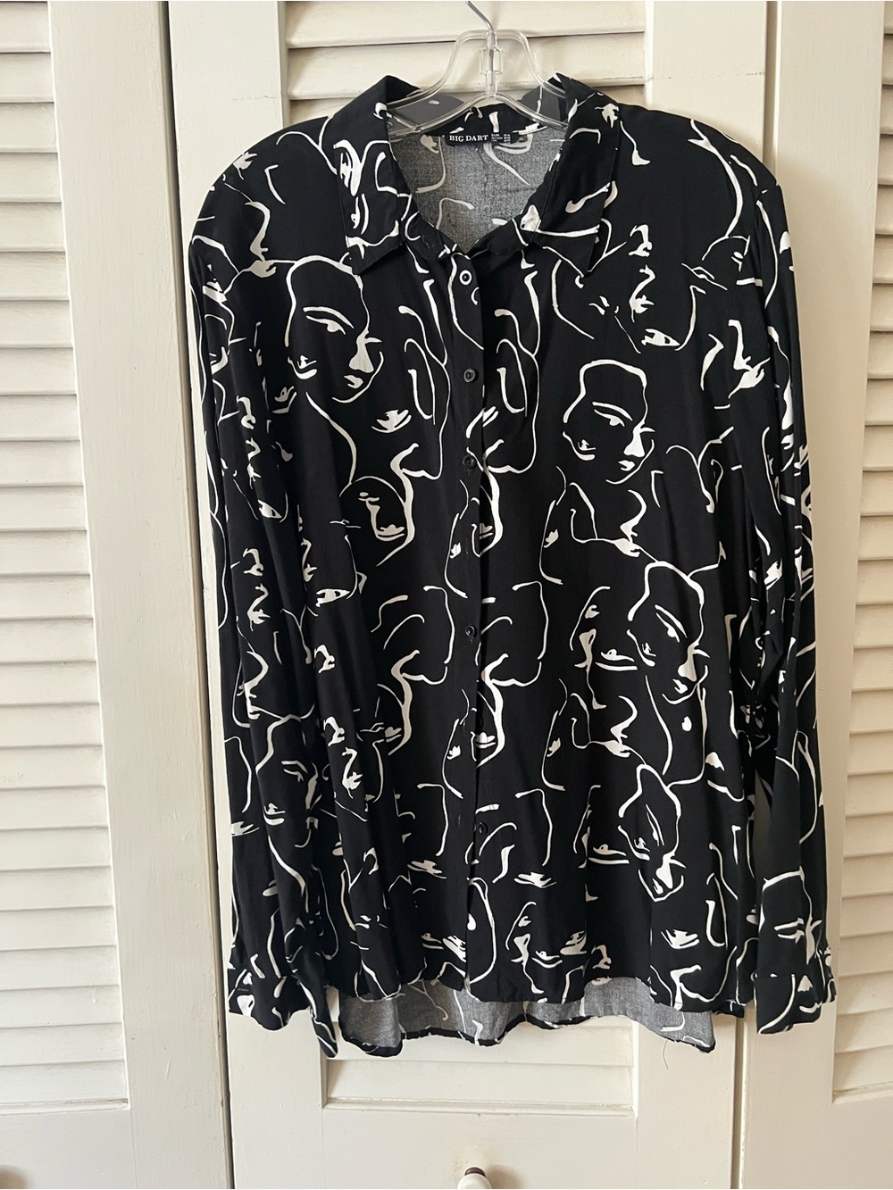 Abstract Face Print Button-Up Blouse — Black & White